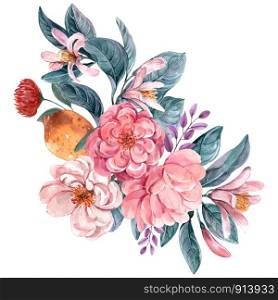 floral illustration, Leaf and buds. Botanic composition for design. branch of flowers