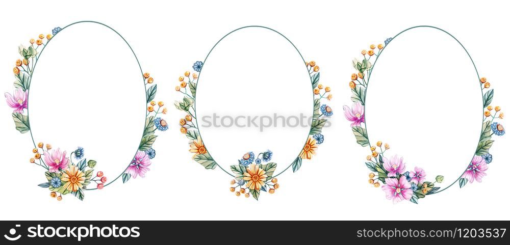 Floral oval frame with watercolor flowers. There is a place for text. Wildflowers on a white background. Template for wedding invitations and cards.. Floral oval frame with watercolor flowers.