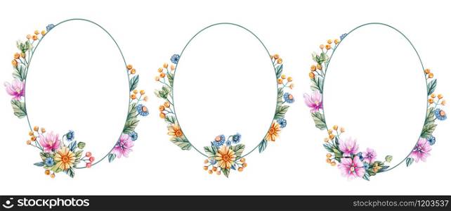 Floral oval frame with watercolor flowers. There is a place for text. Wildflowers on a white background. Template for wedding invitations and cards.. Floral oval frame with watercolor flowers.
