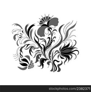 Floral pattern with hand drawn flowers. Black floral pattern isolated. Black floral ornament