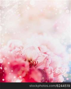 Floral romantic pastel border background with red flowers and bokeh