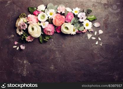 Floral round frame. Floral round frame with eucalyptus branches and leaves, flat lay flowers, top view with copy space