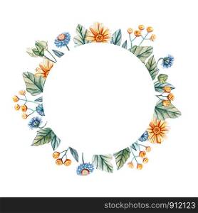 Floral round frame of watercolor wildflowers. There is a place for text. Flowers on a white background. Template for wedding invitations and cards.. Floral round frame of watercolor wildflowers.