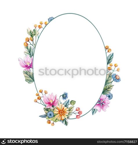 Floral rounded frame of watercolor wildflowers. There is a place for text. Flowers on a white background. Template for wedding invitations and cards.. Floral oval frame of watercolor wildflowers.