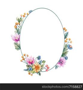 Floral rounded frame of watercolor wildflowers. There is a place for text. Flowers on a white background. Template for wedding invitations and cards.. Floral oval frame of watercolor wildflowers.