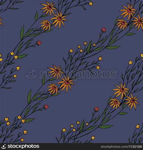 Floral seamless pattern. Gentle yellow field plants on a blue background. Botanical wallpaper. Ideal for the design of wrapping paper, cards, scrapbooking, fabric etc.