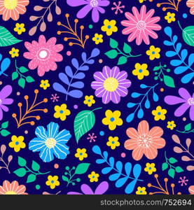 Floral seamless pattern with flowers and leaves on dark blue background.