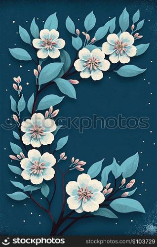 Floral spring card template with cherry blossom on blue background and space for text. Invitation for birthday and inspirational quotes. Cute cards and posters for the spring holiday. Spring card mockup with cherry blossom on blue background and space for text