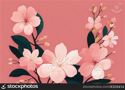 Floral spring card template with cherry blossom on pink background and space for text. Invitation for birthday and inspirational"es. Cute cards and posters for spring holiday. Spring card with cherry blossom on pink background and space for text