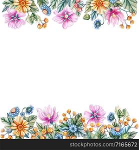 Floral square frame of watercolor wildflowers. There is a place for text. Spring and summer template for wedding invitations and social networks.. Floral square frame of watercolor wildflowers.