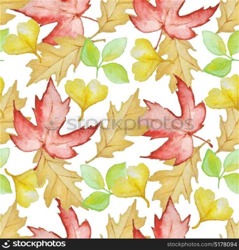 Floral watercolor seamless pattern with bright autumn leaves on a white background