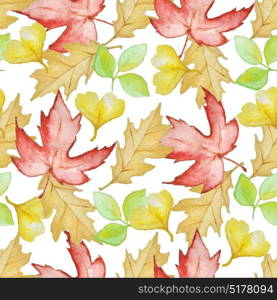 Floral watercolor seamless pattern with bright autumn leaves on a white background