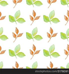 Floral watercolor seamless pattern with green and orange leaves on a white background