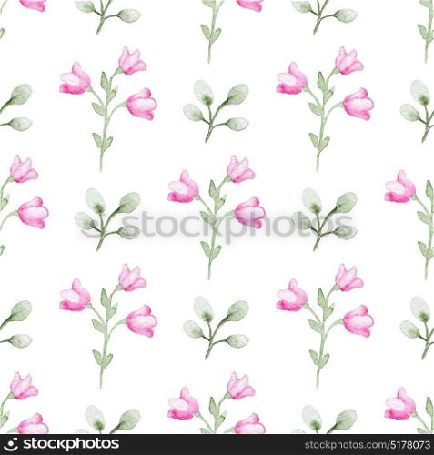 Floral watercolor seamless pattern with green branch and pink flowers on a white background