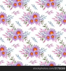 Floral watercolor seamless pattern with violet flowers and branch on a white background
