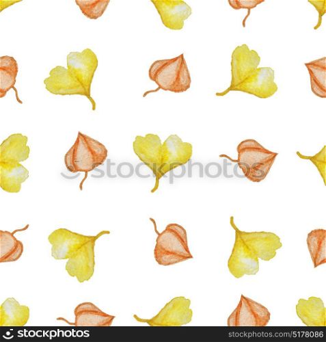 Floral watercolor seamless pattern with yellow autumn leaves on a white background