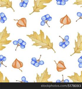 Floral watercolor seamless pattern with yellow oak leaves and blue berries on a white background