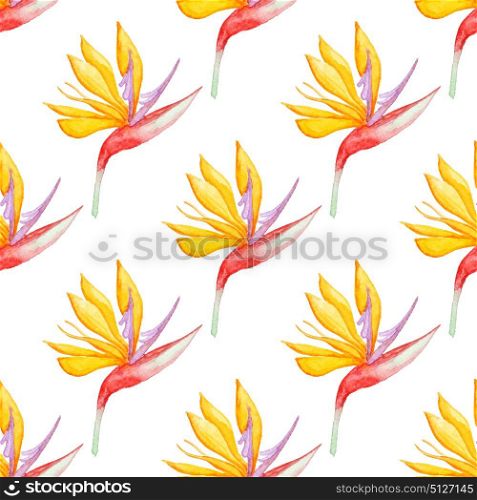 Floral watercolor seamless pattern with yellow tropical flowers on a white background