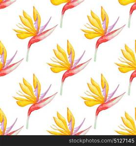 Floral watercolor seamless pattern with yellow tropical flowers on a white background