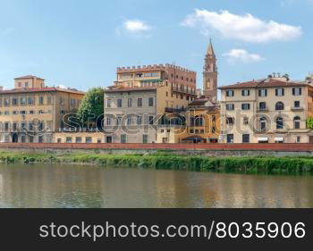 Florence. Ancient houses on the waterfront.. The facades of the old houses medieval period on the waterfront. Florence.