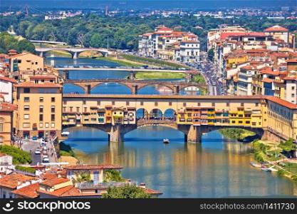 Florence city Arno river and ponte Vecchio aerial view, Tuscany region of Italy