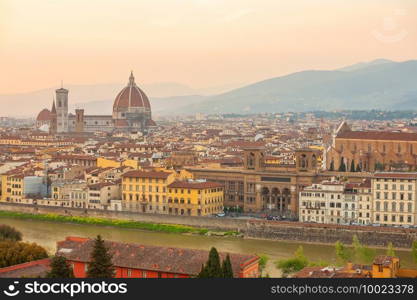 Florence city downtown skyline cityscape of Tuscany Italy at sunset