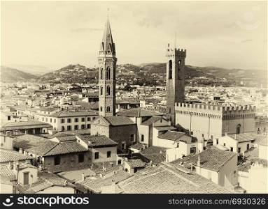 Florence Cityscape in Black and White Sepia Tone in Italy including Bargello Palace