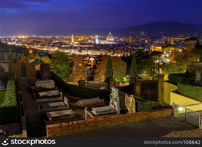 Florence. Duomo at night.. Florence Duomo Santa Maria del Fiore and cemetery at sunset with illumination.