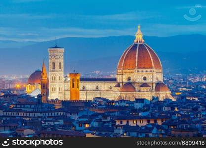 Florence. Duomo at night.. Florence Duomo Santa Maria del Fiore at sunset with illumination.