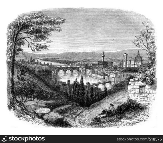 Florence view from San Miniato, vintage engraved illustration. Magasin Pittoresque 1845.