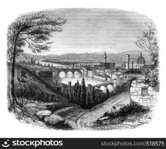 Florence view from San Miniato, vintage engraved illustration. Magasin Pittoresque 1845.