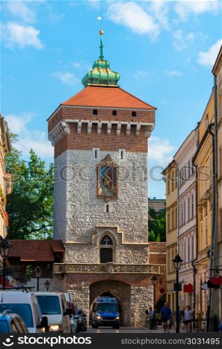 Florian Gate and the city of Krakow, Poland