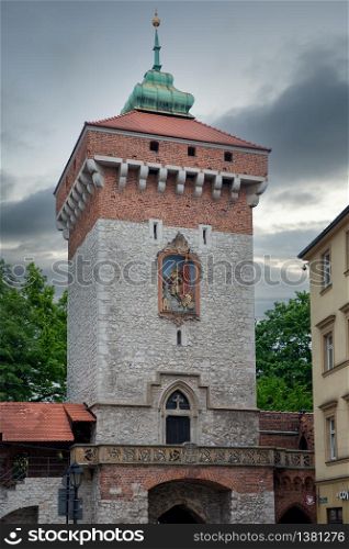 Florian&rsquo;s gate, main entrance Brama Florianska to old medieval city of Krakow, Poland. Main Entrance Brama Florianska to medieval city of Krakow, Poland
