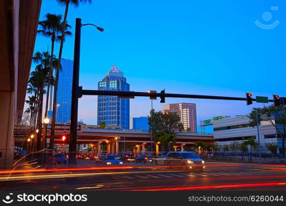 Florida Tampa skyline at sunset from Hillsborough river in US