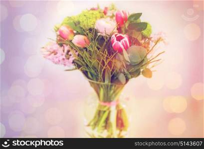 floristry concept - bunch of pink flowers in vase. bunch of pink flowers in vase