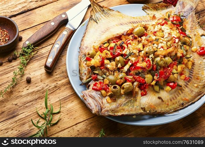 Flounder or flat-fish baked with vegetables.Fried fish on wooden table.Tasty baked whole fish. Roasted fish and vegetables on wooden table