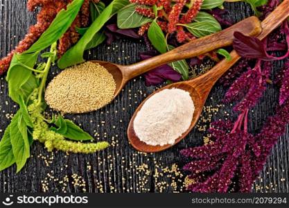Flour and seeds amaranth in two spoons, brown, green and purple flowers and leaves of a plant on wooden board background from above