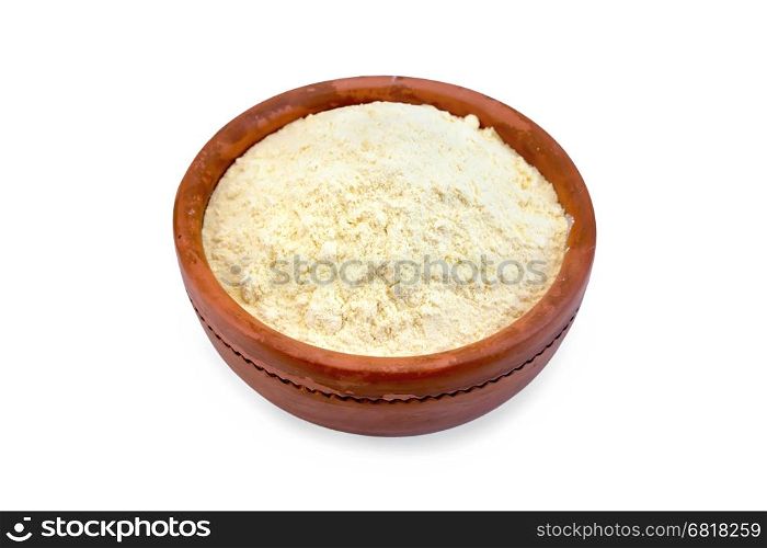 Flour chickpea, pea or corn in a clay bowl isolated on white background
