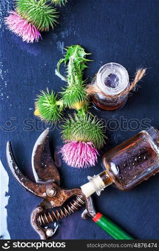 Flower and burdock extract. Buds medicinal wild plants burdock and burdocks medicinal tincture