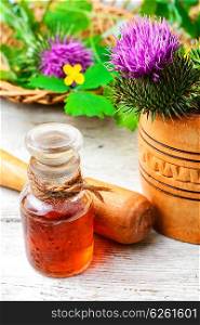 Flower and burdock extract. Buds wild plants burdock and burdocks medicinal tincture from it