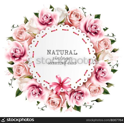 Flower background made out of pink and white flowers with a ribbon. Vector.