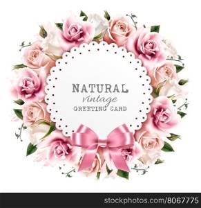 Flower background made out of pink and white flowers with a ribbon. Vector.
