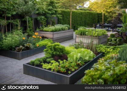 flower beds and vegetable patches in a modern backyard, with sleek furniture and accessories, created with generative ai. flower beds and vegetable patches in a modern backyard, with sleek furniture and accessories