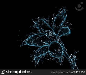 Flower blossom liquid artwork on black - Flower bud shape made of water with falling drops