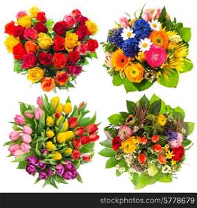 flower bouquets for Birthday, Valentines Day, Mothers Day, Easter. top view of four colorful blooms arrangements