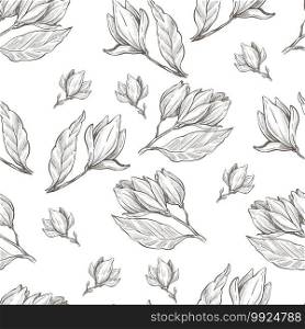 Flower buds, petals and leaves seamless pattern. Floral plant monochrome sketch outline, blooming foliage, growing botanical houseplant. Decorative print with leaves and stems, vector in flat style. Floral monochrome sketch, buds with petals seamless pattern