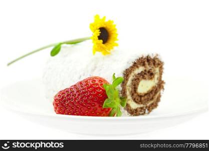flower, cake and strawberries isolated on white