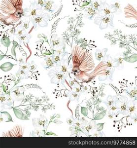 Flower cherry  blossom and birds. Floral seamless pattern. Watercolor. Flower cherry  blossom and birds. Floral seamless pattern. 