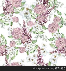 Flower cherry  blossom, roses and leaves. Floral seamless pattern. Watercolor. Flower cherry  blossom, roses and leaves. Floral seamless pattern. 