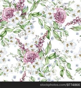 Flower cherry  blossom, roses and leaves. Floral seamless pattern. Watercolor. Flower cherry  blossom, roses and leaves. Floral seamless pattern. 
